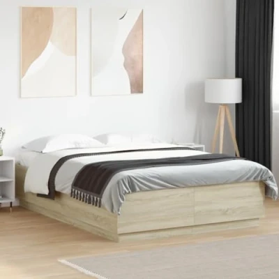 Imagen de vidaXL Estructura de Cama con Luces LED, Somier Invitados, Armazón Cama, Mueble para Dormitorio, Madera Roble Sonoma 160x200 cm