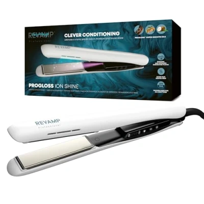 Imagen de REVAMP Plancha de Pelo Cerámica Progloss Ion Shine, Tecnología Iónica para Peinados sin Encrespamiento, con Aceites Suaves Queratina, Argán y Coco, Calor Variable, Blanca