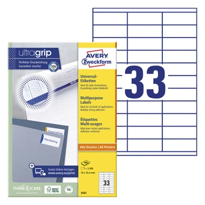 Imagen de Avery 3421 Pack de 100 hojas con etiquetas imprimibles polivalentes, 70 x 25.4 mm