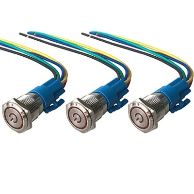 Imagen de QitinDasen 3Pcs Premium 12V / 24V 5A Interruptor de Botón Autoblocante, 19mm Metálico, LED Rojo Pulsador Impermeable IP67 con Enchufe Cable