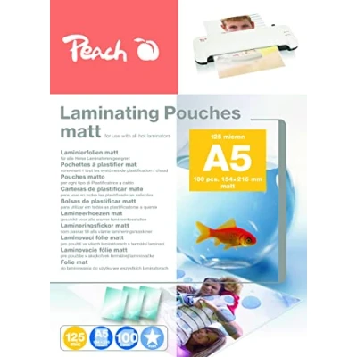 Imagen de Peach S PP525 30 Láminas para plastificar (A5, 125 micras, 100 bolsas, mate, se puede escribir, calidad premium mejores resultados de laminación, compatible con dispositivos todas las marcas