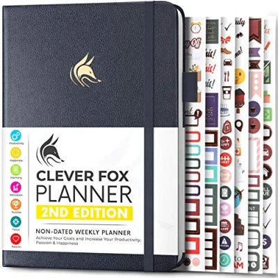 Imagen de Clever Fox Planner 2ª edición Agenda semanal y mensual coloreada, seguimiento de hábitos, gestión del tiempo organizador (A5 (14.5 x 21cm) Inglés, Silver Black)