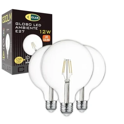 Imagen de CLAR Bombilla Globo E27 LED, Vintage LED G125 Filamento, 12W Luz Cálida 2700ºK (Pack 3)