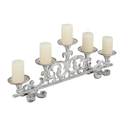 Imagen de Relaxdays Candelabro Antiguo 5 Brazos, Soporte Velas Vintage, Portavelas, 1 ud., 20x59x9,5 cm, Hierro Fundido, Blanco