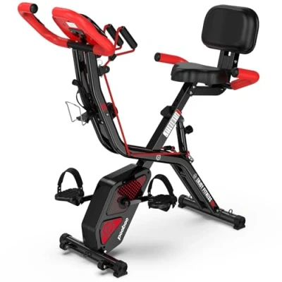 Imagen de pooboo bicicleta estática plegable, máquina de fitness, ciclismo vertical para interiores, X magnética 4 en 1 con resistencia ajustable 8 niveles, soporte