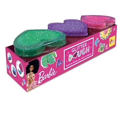Imagen de Liscianigiochi , Barbie Glitter Dough Kit Verano, 3 Botes en forma de corazón, Plastilina con purpurina, Pack x 100 g, 88836 Juego creativo para niñas a partir años