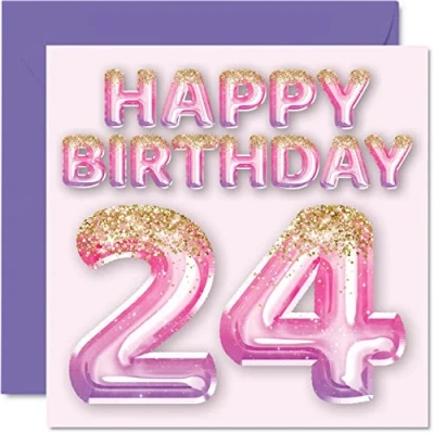 Imagen de Tarjeta de cumpleaños número 24 para mujer, globos purpurina rosa y morada, tarjetas feliz mujer años, hija, hermana, tía, prima, 145 mm x mm, veinticuatro