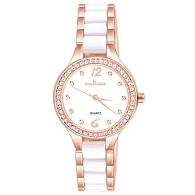Imagen de MICGIGI reloj de cuarzo para mujer cerámica blanca redonda analógico con esfera casual, correa aleación acero inoxidable, oro rosa, pulsera