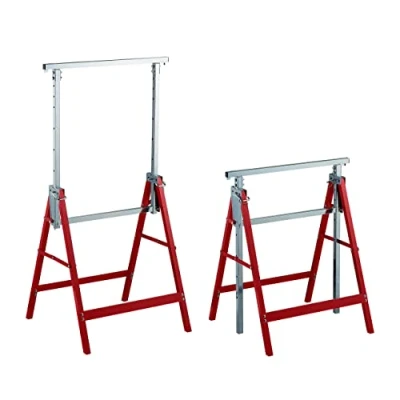 Imagen de Relaxdays Caballete Plegable, Set de 2, Altura Ajustable 7 Niveles, Carga hasta 200 kg, Taller, Acero, Rojo y Plateado, 91,5 x 106 50 cm