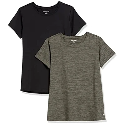 Imagen de Amazon Essentials Camiseta técnica elástica de Manga Corta y Cuello Redondo (Disponible en Tallas Grandes) Mujer, Pack 2, Negro/Tinte Oliva Espacial, L