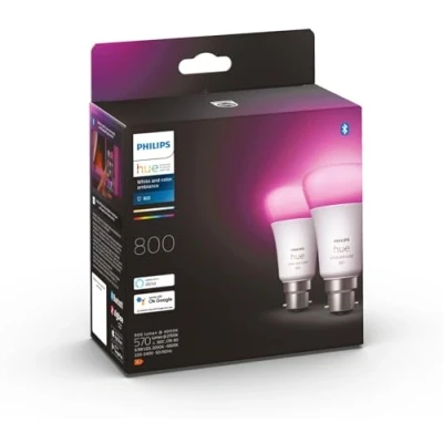 Imagen de Philips Hue Paquete de 2 bombillas LED inteligentes color blanco y ambiente [Bayonet Cap B22] 800 lúmenes (equivalente a 60 W) Funciona con Alexa, Asistente Google, Apple Homekit.