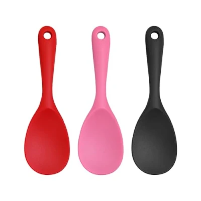Imagen de Juego de 3 cucharas silicona para cocinar, arroz silicona, servir, grandes negra con cabeza redonda, cuchara mango largo, utensilios
