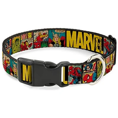 Imagen de Buckle Down Cuello de plástico con Clip para Paneles cómic Marvel/Retro, Color Negro y Amarillo, 2,5 cm Ancho, 38 a 66 cm, tamaño Grande