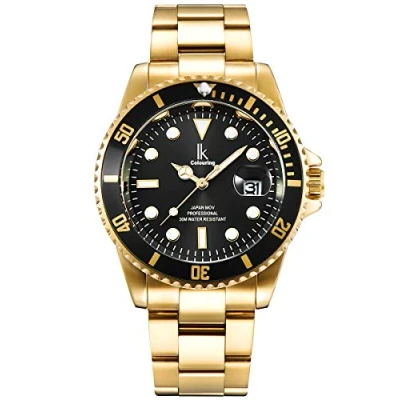 Imagen de Alienwork Reloj Hombre Mujer Oro Pulsera de Metal Acero Calendario Fecha Negro Elegante