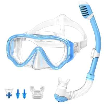 Imagen de V VILISUN Set de Snorkel para Niños, Máscara Antivaho y Antifugas, Vidrio Templado Panorámico Visión Amplia, Buceo Niños con Clip Nariz Tapones Los Oídos