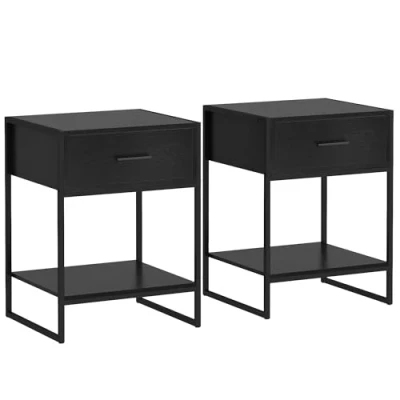 Imagen de HOMCOM 2 Mesitas de Noche Mesas Auxiliares con Cajón y Estante Abierto Estilo Moderno para Dormitorio Salón Cama Oficina 45x40x60 cm Negro