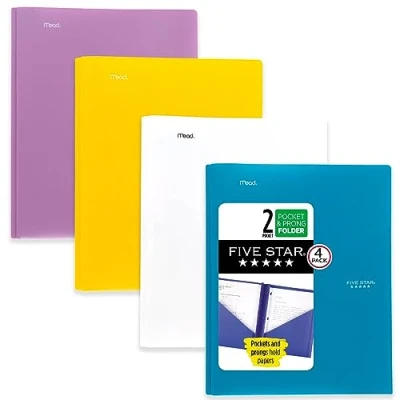 Imagen de Five Star carpetas de 2 bolsillos, paquete 4, plástico con cierres puntas, capacidad para 11 x 8 1/2 pulgadas, azul Tidewater, blanco, morado amatista, amarillo cosecha (38136)