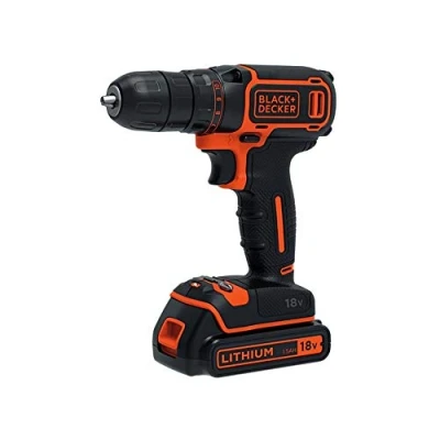 Imagen de BLACK+DECKER Taladro Atornillador 18V, Par máximo 30Nm, Portabrocas 10mm, 2 Batería Litio 1.5Ah, Luz LED, Incluye Cargador 400mA y Maletín BDCDC18KB QW