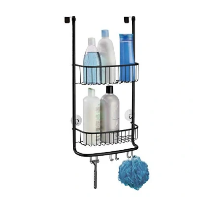 Imagen de iDesign Organizador de ducha para colgar, pequeña estantería colgante metal con 2 baldas y 3 ganchos dobles, cesta la cabina ducha, negro
