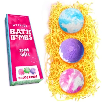 Imagen de Set de regalo 3 bombas baño Zimpli Gifts, ideal para rellenar medias, burbujas efervescentes navideñas, kit mimos relajantes