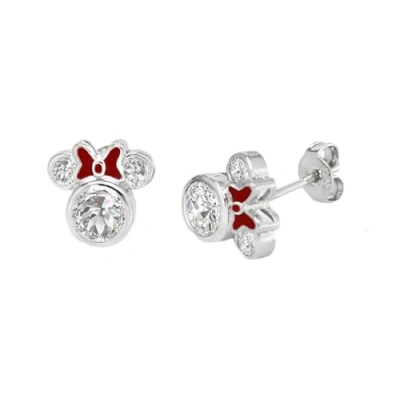 Imagen de Kaguyo aretes de Minnie Mouse, tuerca Mickey Mouse plata esterlina 925, amatista blanca, azul, rosa, lazo esmalte, circonio para mujeres y niñas, regalo cumpleaños (claro)