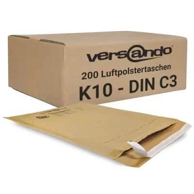Imagen de versando 200 sobres acolchados K10, dimensiones interiores 350 x 470 mm, exteriores 370 480 color marrón/amarillo dorado para DIN C3