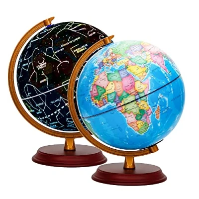 Imagen de EXERZ Globo del Mundo Iluminado con Base de Madera 20 cm, Mapa francés, político (día), constelación (Noche), lámpara LED iluminación, Divertida y educativa, hogar Escuela