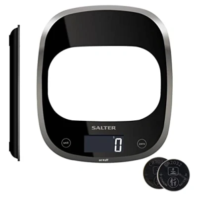 Imagen de Salter 1050 BKDR Curve Báscula de cocina digital Diseño vidrio elegante balanza para electrónica el hogar y la cocina, pesar alimentos hasta 5kg + líquidos en ml fl. Oz., negro