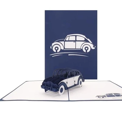 Imagen de tarjeta desplegable &quot;Escarabajo&quot; en color azul de cumpleaños 3D, felicitación y para carné conducir, con modelo coche filigrana 3D como regalo, paquete regalo