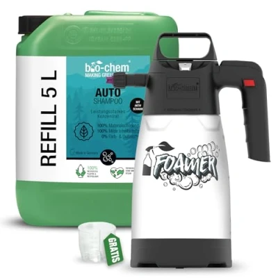 Imagen de BioChem Limpiador de coche en bidón 5 litros + pulverizador espuma, para limpieza profesional del coche, pH neutro y biodegradable, espuma activa un lavado suave
