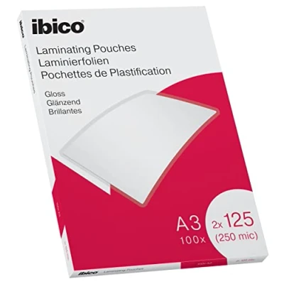 Imagen de Ibico 627321 Láminas para Plastificar, Carteras de Tamaño A3, Acabado Brillante, 2x125 250 Micras, Caja 100, Transparentes, Esquinas Redondeadas, Compatible con Todas las Marcas