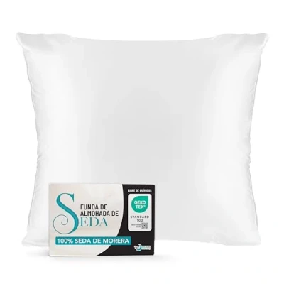 Imagen de Funda de Almohada Seda 80x80 cm 100% Natural 19 Momme con Beneficios para el Pelo y la Piel Antiarrugas &amp; Antiacaros Blanco
