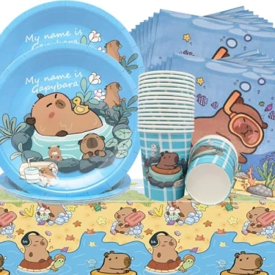 Imagen de Doyomtoy Vajilla para Fiesta de animales,61Pcs Cumpleaños Platos Delfín Vasos Papel Toallas Manteles Decoración Tema Animales Infantil