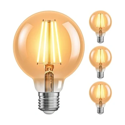 Imagen de ledscom.de Bombilla LED E27 de 4 piezas, G95, blanco extra cálido (2500 K), 7,3 W, 818 lm, regulador intensidad 3 niveles, dorada
