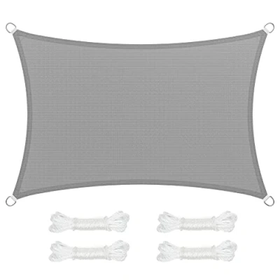 Imagen de SONGMICS Vela de Sombra 2 x 3 m, Tejido HDPE Protección Solar, Transpirable, Permeable al Agua, Terraza, Jardín, Balcón, Camping, Rectangular, Cóncava, Cuerdas Gris Claro GSS23QY