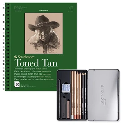 Imagen de Kit Bloc Strathmore Sketch, Encolado 22,9x30,5 cm con 50 Hojas de 118g Toned Tan y Set Esbozo 11 uds. Estuche Metal Lyra Rembrandt Ofituria