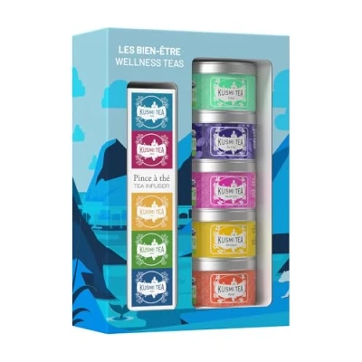 Imagen de Kusmi Tea Pack de Regalo para Mujer o Hombre Juego Cesta Té 100% Orgánico y Colador Verde, Infusiones, Détox Sabores Icónicos Hojas Sueltas 5 Latas 25 g