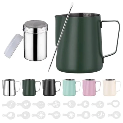 Imagen de Zuquik jarra de leche acero inoxidable, 600 ml, con medición Mark 24 oz, espuma dispensador cacao, 16 plantillas y bolígrafo para capuchino espresso, verde esmeralda