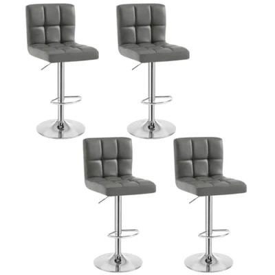 Imagen de WOLTU Juego de 4 Bar Taburete Silla Bistro Equestrian (con Respaldo, Altura Ajustable y giratoria, Acero Cromado, Piel sintética Gris 9167