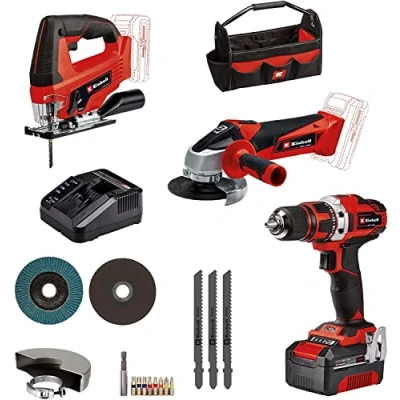 Imagen de Einhell Taladro con batería TE CD 18/40 Li + amoladora angular TC AG 18/115 sierra de calar JS 18 Power X Change (18V, incl. 1 4,0Ah, cargador, bolsa)