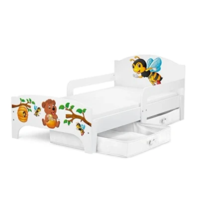 Imagen de leomark Smart Cama Infantil de Madera Oso y Abejas Marco Cama, Colchón Cajón, robustro Cómodo Dormitorio Impresa, Muebles para Niños, Espacio Dormir: 140/70