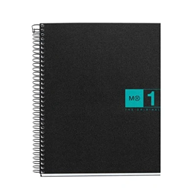 Imagen de Miquelrius Cuaderno Notebook The Original, Tamaño A5, 80 Hojas de 70 g/m² y 1 Franja Color, Rayado Cuadrícula 5 mm, 2 Taladros, Cubierta Polipropileno, Color Negro/Turquesa