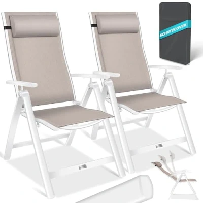 Imagen de KESSER® silla de jardín con respaldo alto reposabrazos, juego 2 sillas plegables aluminio almohada y cubierta, camping 7 posiciones, ajustable, transpirable
