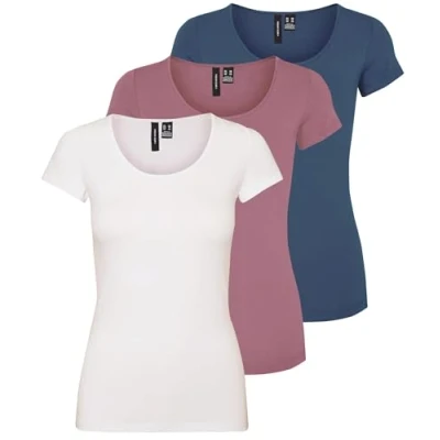 Imagen de VERO MODA Camiseta de mujer Vmmaxi My Ss Soft U Neck Noos, Pack 3 (Vintage Indigo, Mesa Rose, White Alyssum), L
