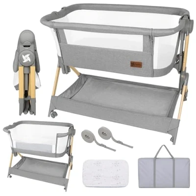 Imagen de Twinly Cuna Colecho bebé Minicuna Viaje portátil, fácil Plegado Compacto Altura Ajustable 5 Posiciones, Nacimiento 0+ hasta 6 Meses Comfortly Bolsa Transporte, colchón, Cesta, sin Montaje (Wood)
