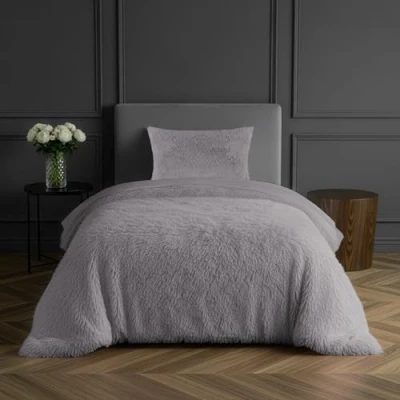 Imagen de Sleepdown Juego de Cama, Funda edredón con Almohada para Cama Individual (135 x 200 cm), Pelo Largo sintético, Muy Suave y fácil cuidar, poliéster, Color Plateado, suelto