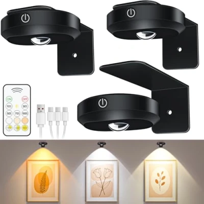 Imagen de WILLED Apliques LED Interior para Cuadros Recargable USB, Lampara Pared Sin Cable con Mando Foco, Cuadro Pilas Luz Adhesiva Vitrina 3 temperaturas de Color, Regulable&amp;Temporizador