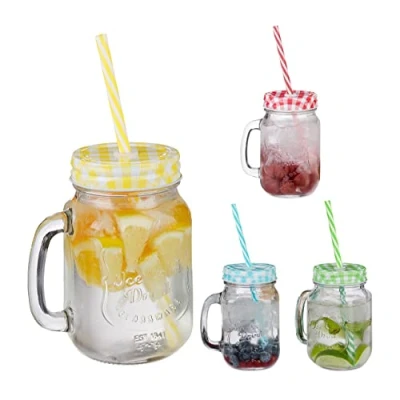 Imagen de Relaxdays Jarras con Tapa y Pajita, Set de 4 Jarritas Limonada, 500 ml, Vasos Retro Veraniegos Asa, Multicolor, Acero