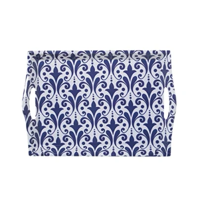 Imagen de DRW Bandeja Rectangular de melamina con Asas Decorada en arabesco Azul y Blanco 4x25x35 cm
