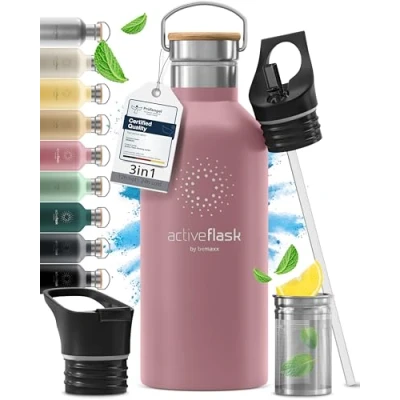 Imagen de Botella de Agua Térmica ACTIVE FLASK + Pajita (3 Tapones) sin BPA 1l &amp; 500ml Frasco Termo Acero Inoxidable Aislamiento Vacío Cantimplora Aislada Bicicleta Deporte Caliente Fría Café Té